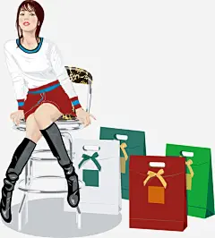 女孩和礼物袋高清素材 AI素材 卡通人物 卡通手绘 圣诞节 礼物 贺卡海报素材 免抠png 设计图片 免费下载