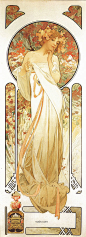 阿方斯·慕夏(1860-1939)alphonse mucha 波西米亚人，1860年出生于捷克共和国莫拉维亚, 希望能成为一个历史画家.慕夏在今日已是捷克公认的国宝，其所创作的海报与饰板，更是现代印刷美术设计的典范。他所创造出的画中女子，优雅迷人、在欲言又止中带着一股诱人心魄的魅力，与毕尔斯利、克林姆笔下的奇特异色女子，形成强烈的对比，塑造出属于慕夏个人独特而甜美的清新典型，而成为新艺术中的佼佼者。