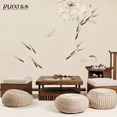 蕊西新中式墙纸客厅电视背景墙壁纸荷花水墨简约古典古风卧室壁画-tmall.com天猫