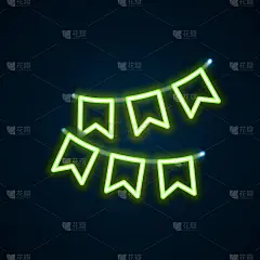 发光的霓虹灯线嘉年华花环与旗帜图标孤立在黑色背景。旗帜用于生日庆祝，节日装饰。色彩斑斓的轮廓的概念。