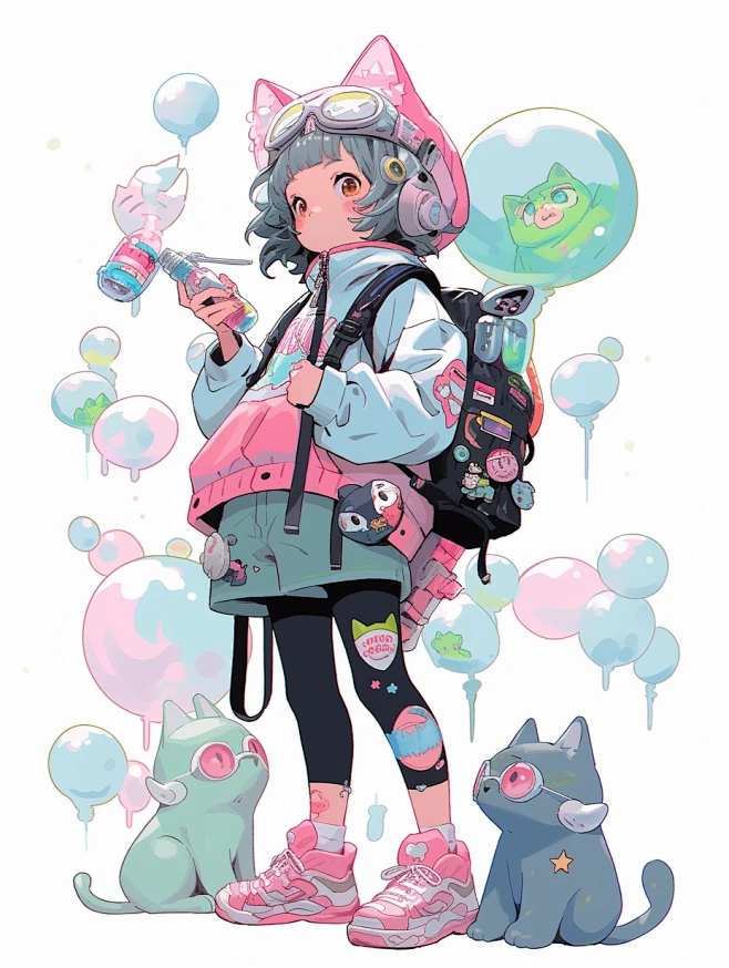 Bubble Mart, kawaii illustration style, a lively lucky cat girl, unique