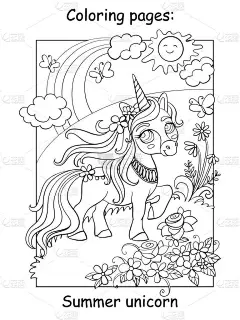 可爱的独角兽在夏日繁茂的草地上漫步。给书页着色在白色背景上孤立的矢量卡通画。为书籍、学前教育、印刷品