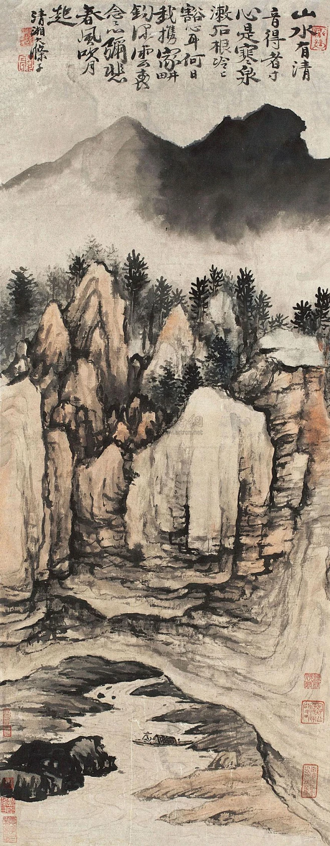石涛——款《山水清音》【山水有清音,得者寸心是。寒泉漱石根,冷冷豁心耳。何日我携家,耕钓深云里。念念心弥悲,春风吹月起】人物山水立轴欣赏 ...