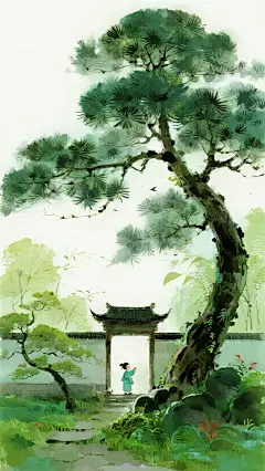 国风色彩，水彩水粉，晕染效果，抽象,仰望天空，郁郁葱葱的大松树，一个古装小童站在松树下一个古意盎然的小院门口，绿意盎然，水彩风插画，大师级构图