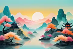 手绘国画国潮山水插画背景图