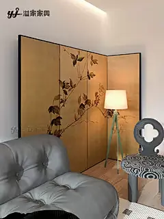 中古日式仿古金箔银箔折屏茶室客厅背景手绘水墨国画漆画屏风定制-淘宝网