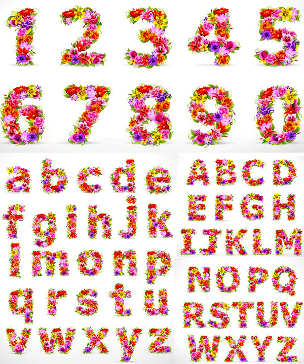 花朵组成的数字和字母矢量素材_矢量字体_...