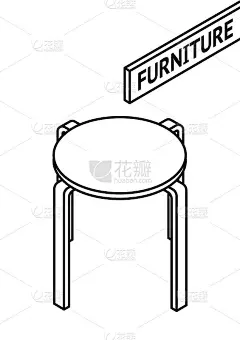 等距轮廓家具。三维等距线画圆凳。白色背景