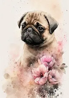 水彩风格八哥犬哈巴狗艺术插画矢量图设计素材