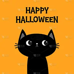 黑猫小猫头脸。万圣节快乐。骨头文本字体。骨信类型。可爱的卡通人物。宠物宝宝收藏。贺卡。平面设计。橙色