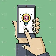 手持智能手机与灯泡，齿轮。细线平面插图