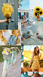 a collage of photos with sunflowers and denim shorts on the bottom right