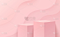 摘要矢量绘制三维图形，用于广告产品的复制空间展示。现代淡粉色方块裙台与粉彩空房间和曲线图案背景。最小