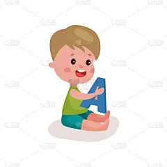 可爱的小男孩坐在地板上玩字母A，孩子通过乐趣学习和玩彩色卡通矢量插画