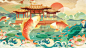 手绘国潮中国风锦鲤跃龙门插画海报