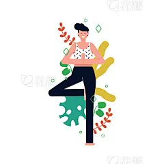 Girl doing tree pose yoga with plant leavesYoung Woman doing yoga tree pose with colorful plant leaves for nature connection concept.