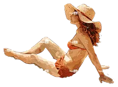 放松的沙滩女人红色比基尼日光浴-穿着红色比基尼和草帽斜倚的女人