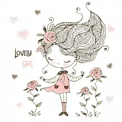 玫瑰花和小女孩，手绘小清新T恤印花插画矢量图设计素材