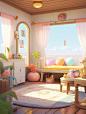 Cozy interior, sunshine, sea outside the window, wooden floor, plush carpet--ar 9:16