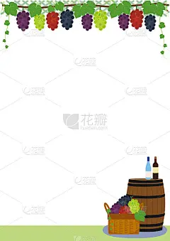采购产品葡萄藤架，酒桶，瓶子，收获篮背景