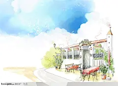 手绘街道旁的咖啡屋和室外长椅现在加入素材公社即可参与传素材送现金活动