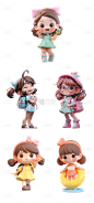 素材组合-通用3D卡通感可爱小女孩儿童人物贴纸元素素材