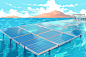 绿色生态太阳能光伏板海上场景新能源插画