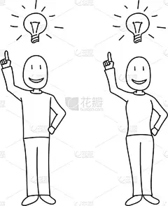 人们展示了明亮的想法概念和灯泡头顶在手绘风格。