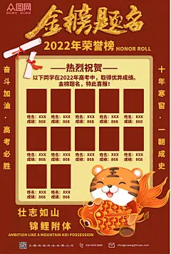 创意红色老虎抱锦鲤高考金榜题名荣誉榜海报