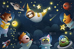 外太空的孩子和动物幻想壁纸