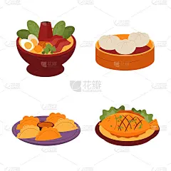 平面中国新年团圆饭食物设置矢量插图