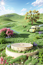 3D illustration of a cute grassland with many flowers， a blue sky and white clouds， a green meadow in spring， a cartoon game scene with a simple background， soft gradient colors and soft light， bright colors and high quality， in the style of artstation