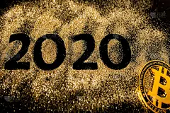 2020年新年快乐。创意拼贴数字2和零组成了2020年。美丽闪亮的黄金数字2020和比特币在黑色背景