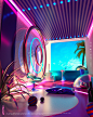 Space  c4d cinema4d 3D vaporwave Synthwave Retro Interior Render neon