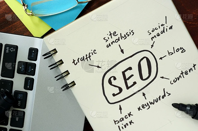 文字SEO(搜索引擎优化)写在记事本上。