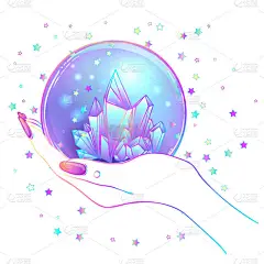 雌性手拿着魔法水晶球隔离在白色上.令人毛骨悚然的可爱矢量插图。哥特式的设计,神秘魔术师的象征,苍白的
