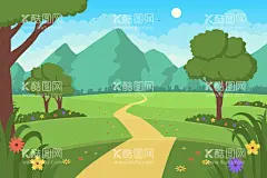 卡通自然插画  - 源文件下载【酷图网】卡通背景,卡通插画,自然风景,卡通风景,草地,森林,树木,卡通森林,卡通草地,春天背景,卡通春天风景,