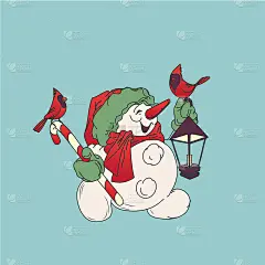 可爱的微笑雪人，糖果拐杖和圣诞灯笼，红雀在它的嘴拿着圣诞树球