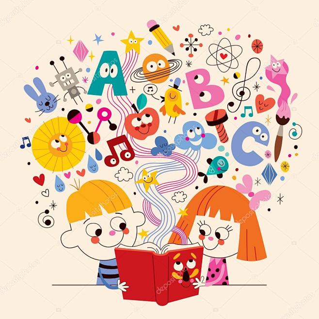 可爱的孩子们读的书，教育的概念图。矢量图