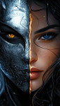 Dan Mumford style, on the right side there's a person wearing a silver mask with dark yellow eyes and on the right side there's a serious face of a beautiful woman with big lips, blue eyes and black hair with blonde highlights, in the style of Dan Mumford