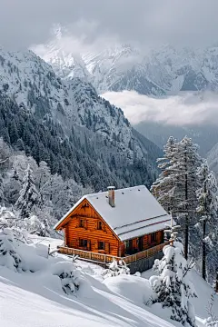 冬季雪景乡间小木屋