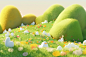 3d blend photo of a grassy field with white bushes, in the style of whimsical animation, soft and rounded forms, made of flowers, rendered in cinema4d, mori kei, whimsical character design, nature morte