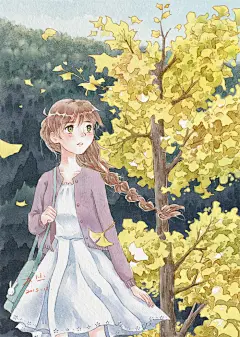 最后一片银杏掉落了，预示着严冬的到来. diy相册内页插画 插画设计