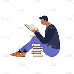 图书节海报概念一个字符阅读书籍和书籍堆积矢量插图平面设计