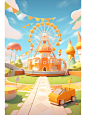 3D rendering, cute cartoon style amusement park background image, minimaliststyle, ultra wide angle perspective, with a circular platform in the center square, cars and tracks in front, rollercoaster, castle building in the background, blue sky and white 