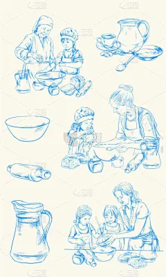 两个女人在厨房做饭黑白矢量素描, 简单图画