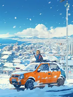 在雪中汽车动态城市海报
