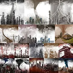 PSD素材灾难特效龙卷风地震乌云闪电火灾建筑倒塌电影海报 H1059