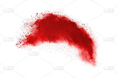 白色背景上的红色粉末爆炸。彩色的云。色彩斑斓的粉尘爆炸。油漆胡里节。