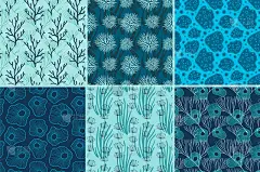 集六个矢量无缝的海洋风格模式与珊瑚和海藻。摘要海洋无缝背景。